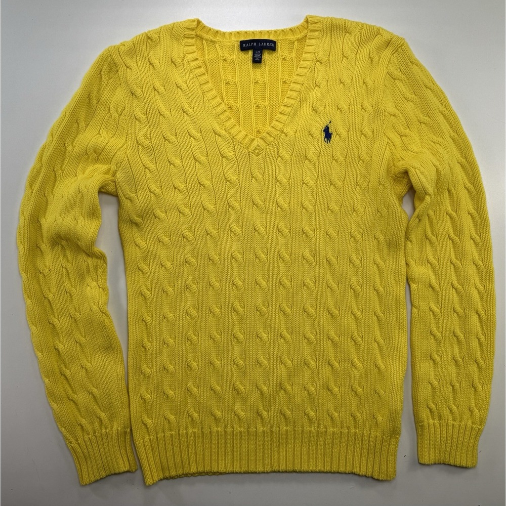 Polo Ralph Lauren Womens Large Cable Knit V Neck Yellow Cotton Sweater Preppy